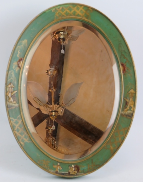 A small Chinoiserie decorated easel mirror, c1930s. Bevelled glass, hand decorated frame 43cm x