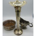 A tall silver fluted vase. Birmingham 1904. Approx: 11" high, weighted. A plated sauce boat and a