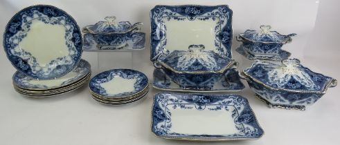 A 21 piece Victorian blue and white dinner service marked F & Sons Argyle Burslem. Consisting 12