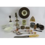 A lot of mixed collectables including 19th century jelly moulds, barometer, bread knife,