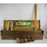 A Jaques & Sons full size croquet set in box, complete with four mallets, four balls, six hoops etc.