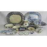 A mixed lot of antique and later Spongeware pottery including two platters, dishes, jugs, egg cups