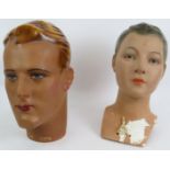 Two vintage plaster mannequin heads c1950's. male head stamped Fabry 506, female head has glass