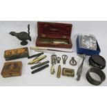 A lot of mixed collectables to include pocket knives, Sorrento stamp box, horn and tortoiseshell