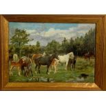 Frances Mabel Hollmans (1877-1963) - 'Horses and foals in a field', oil on board, signed, old