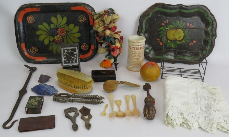 Mixed collectables including two Toleware trays, bone spoons, snuff box, door knocker, Welsh love