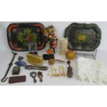 Mixed collectables including two Toleware trays, bone spoons, snuff box, door knocker, Welsh love