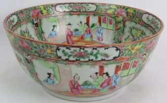 A 19th century Chinese Canton porcelain bowl, hand decorated in Famille Rose. Diameter 30cm.