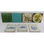 Three 18th/19th century blue and white Delft tiles, an aesthetic movement pheasant design Josiah