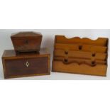 A finely inlaid 19th century caddy box, a smaller sarcophagus shaped tea caddy and a light oak