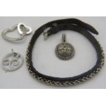 A leather and white metal wrap round bracelet, probably silver. A silver pendant stamped 925 inset