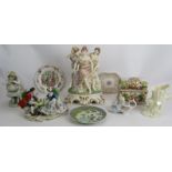 A selection of decorative ceramics including a Capodimonte casket, Lladro figurine, Belleek vase,