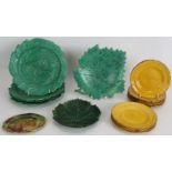 Four antique green Majolica leaf plates, 2 green vine leaf dishes, a small oval dish and eight small