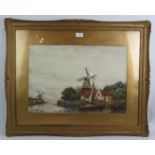 Jan Van Couver (1836-1909) - 'Dutch river landscape with Windmill', signed, 36cm x 52cm, ornate gilt