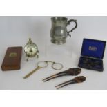 A Cedarwood masonic lodge cigar case, gold plated Art Deco lorgnettes, a globe ship timekeeper