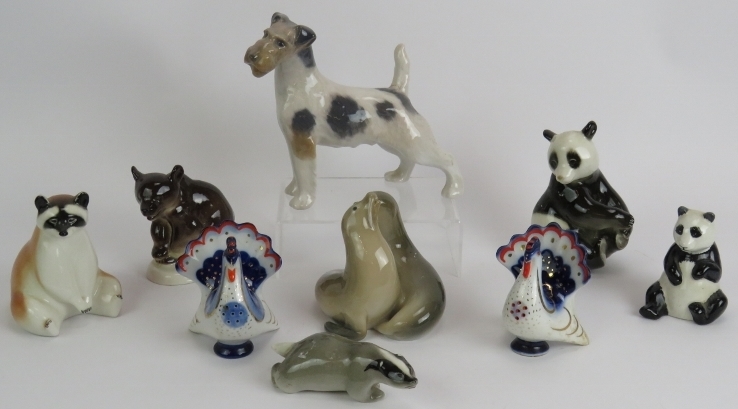 Seven Russian porcelain figures of animals, mainly Lomonosov and two Royal Copenhagen figures