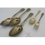 A set of three Georgian silver dessert spoons, London 1818 and a silver christening knife & spoon