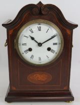 An Edwardian striking mantle clock in an inlaid mahogany case and with enamel dial. Overall height