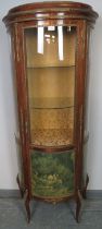 A vintage French Louis XV style ormolu mounted demi lune vitrine in the manner of Vernis Martin, the