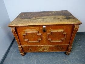 An antique painted pine Continental mule chest in the 17th century taste, with internal candle box