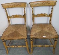 A pair of Regency rush seated side chairs retaining the original polychrome yellow & black