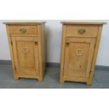 A pair of antique stripped pine bedside cabinets, each with single drawer and cupboard under with