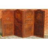 A vintage four section folding screen, covered with patinated brown leather featuring embossed