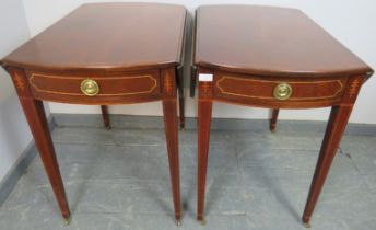 A pair of Regency style mahogany Pembroke tables, strung with satinwood and featuring marquetry