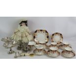 A Colclough China part tea set, a pair of silver plated candlesticks, pair of plated bon bon dishes,