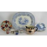 A mixed lot of ceramics including a blue and white meat platter, Gaudy Welsh jug, a Chinese Imari