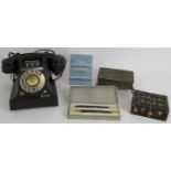 A vintage black Bakelite extension exchange telephone with BT socket, a Parker Lady Duofold fountain