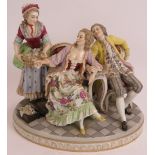 A 19th century German porcelain figure group depicting a lace sellar. Faux Ludwigsburg mark to base,