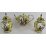 A fine Meissen style teapot with hand decorated panels on yellow ground and a similar pair of