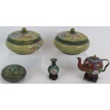 A pair of Japanese Cloisonne covered pots, a raised wire Cloisonne covered pot, a miniature tea