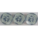 Three 18th century Chinese porcelain plates with blue and white decoration. Diameter: 22.5cm. (3).