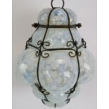 A 1960's Italian Seguso style Opalescent Murano glass pendant lamp, hand blown into a wire cage,