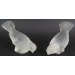 A pair of Lalique frosted glass sparrow figures. Each signed to base. Height 10cm. (2). Condition