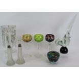 A cut glass table lustre, three flash cut wine glasses, a studio glass vase, Murano style pheasant