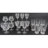 A suite of Waterford Irish crystal glasses including 5 brandy balloons in Kylemore pattern, 8 hi