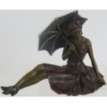 A cold painted bronze erotic figure of a seated young lady with parasol, in the style of Franz