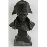 A contemporary bronze bust of Napoleon Bonaparte mounted on a grey marble plinth. Signed Lecomte