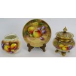 Three pieces of signed Royal Worcester 'Fallen Fruits' bone china, each signed. A small vase