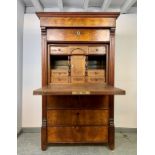 A 19th century French figured walnut escritoire, with white marble top over one long drawer and