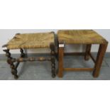 Two vintage oak stools, on with braided rope seat, the other with rush seat. Condition report: