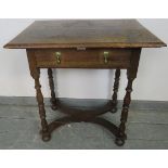 An early 18th century provincial oak side table, the single drawer with brass drop handles, on