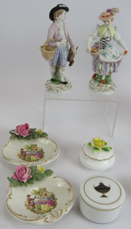 A collection of Dresden and other porcelain including two pairs of figures, a single figure, two - Image 2 of 5