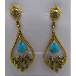 Pear cut Sleeping Beauty turquoise earrings, post back, 40mm drop approx. 14k yellow gold & sterling