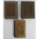 Two Indian carved wood card cases with micro mosaic borders and a carved wood aide memoire with