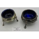 A pair of Victorian Scottish silver salts on pad feet with blue liners, Edinburgh 1862. Approx