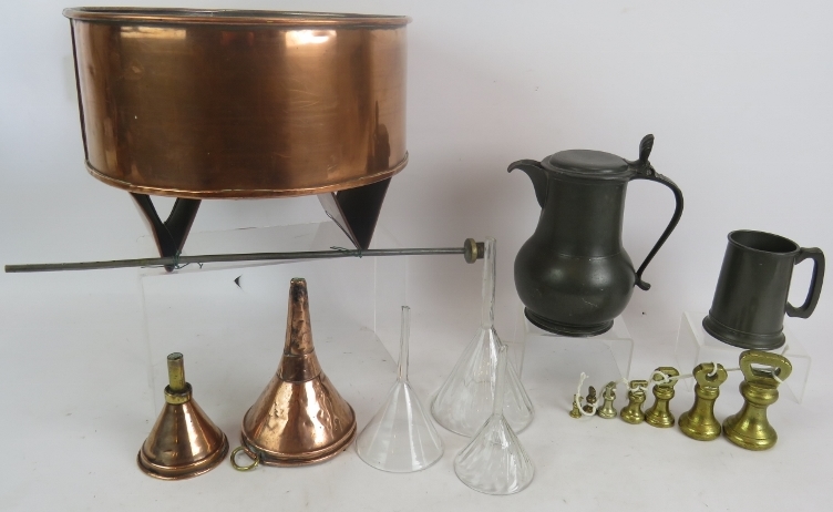 An antique copper brewery barrel funnel, 2 copper and 3 glass funnels, set of 7 brass bell